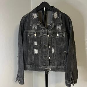 Mikarose Black Distressed Jean Jacket Size M Trendy Vintage Cropped Boyfriend